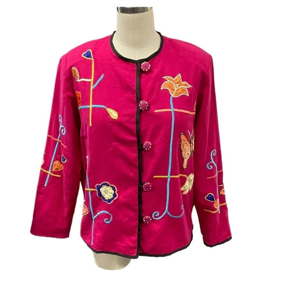 Vintage Alex Kim Embroidered Jacket Size Petite Small Pink Floral Butterfly